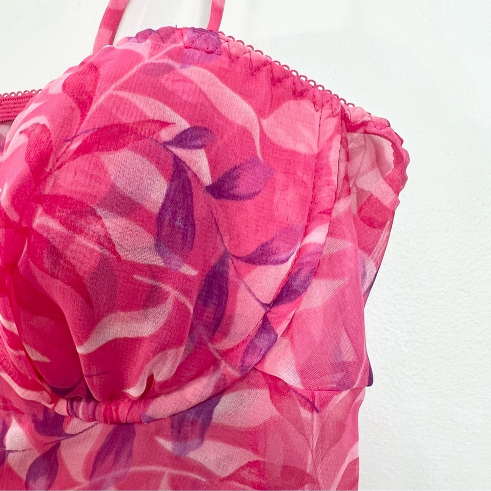 Vintage 90s pink purple leaf print chiffon lace up bustier chemise nighty M - Picture 10 of 17
